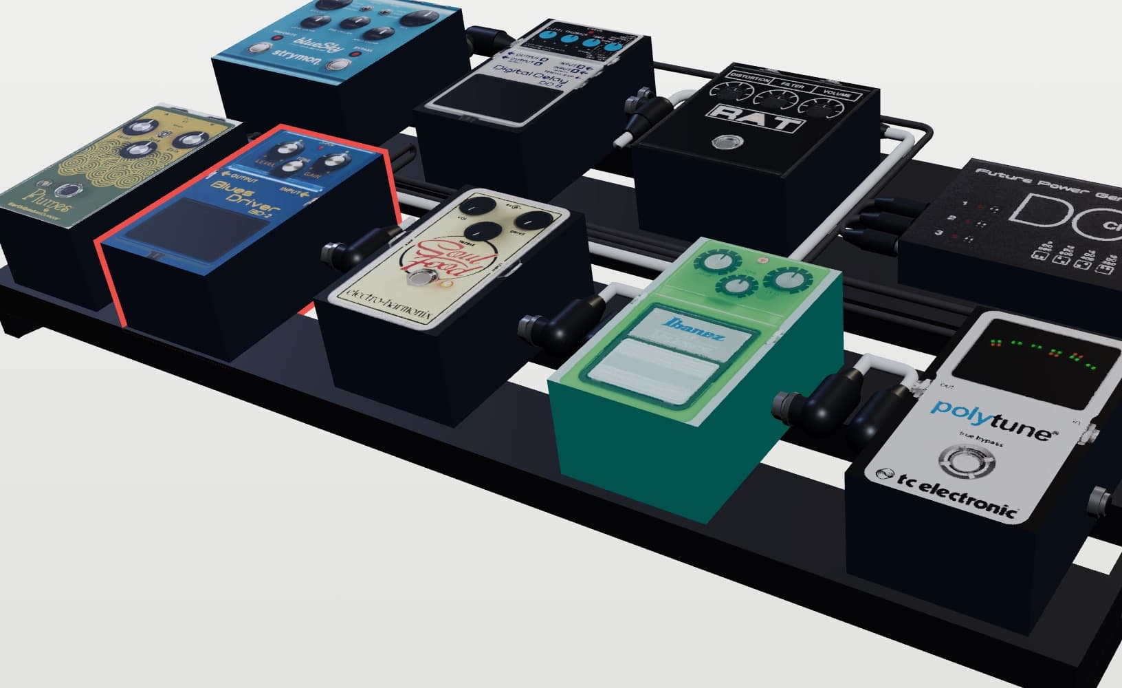 A pedalboard with a feasibility issue outlined in the 3D scene