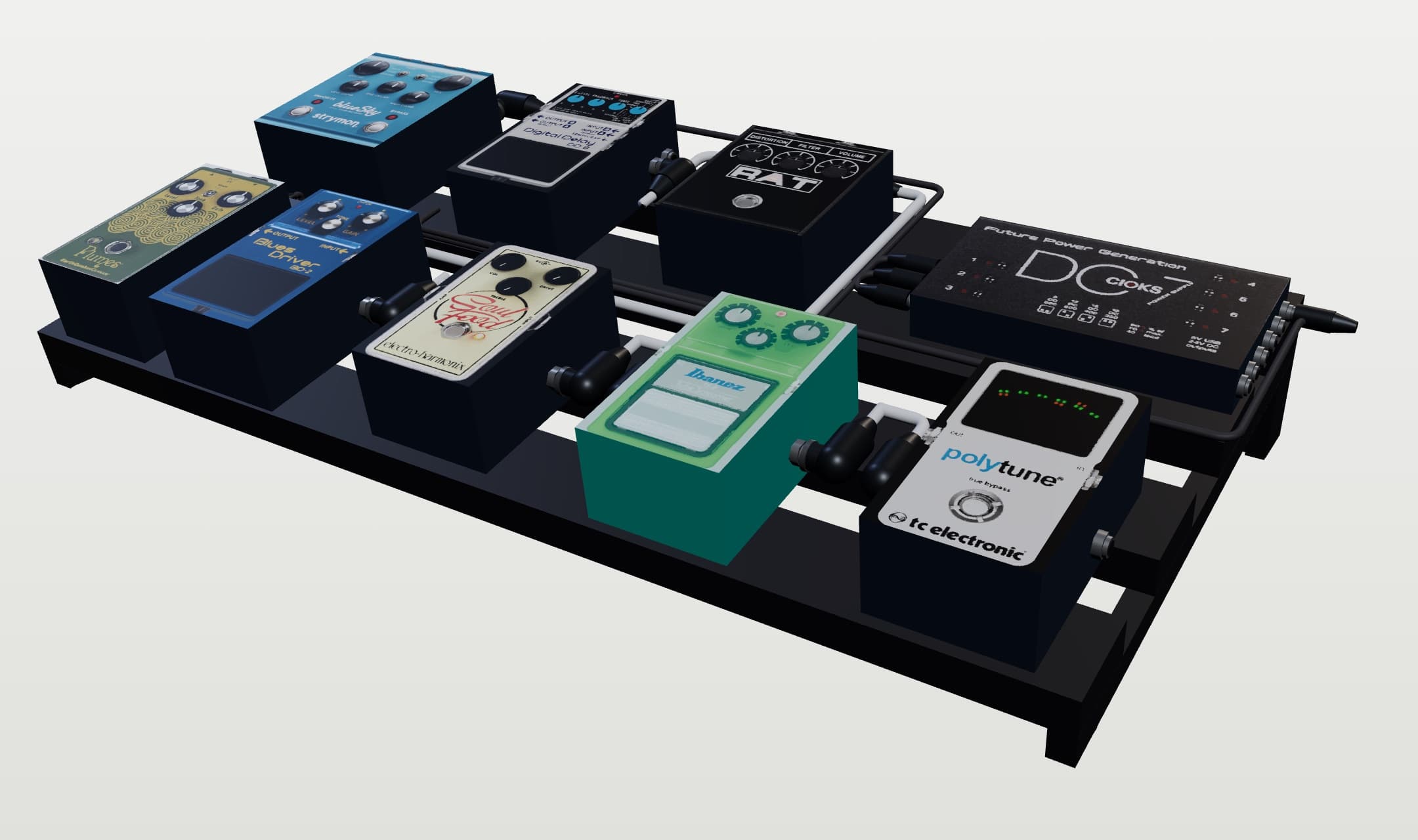 A fully wired pedalboard in the rigplanner 3D scene